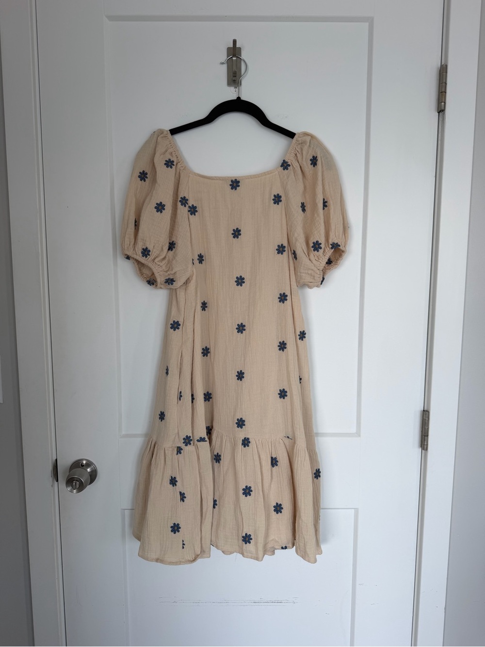 POLAGRAM Cream Daisy Embroidered Double Gauze Puff Sleeve Midi Dress Size S - Picture 4 of 4
